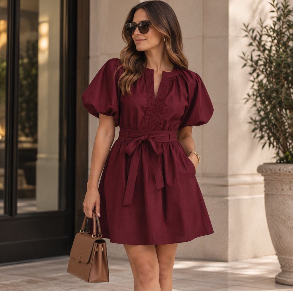 LOFT Poplin Balloon Sleeve Burgundy Mini Dress Sz 18 NWT $90 {3S12}
